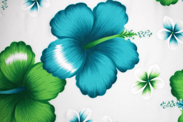 Turquoise & Lime Hibiscus on White Hawaiian Printed Rayon