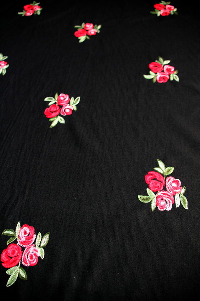 Embroidered Roses on Black Wool Blend