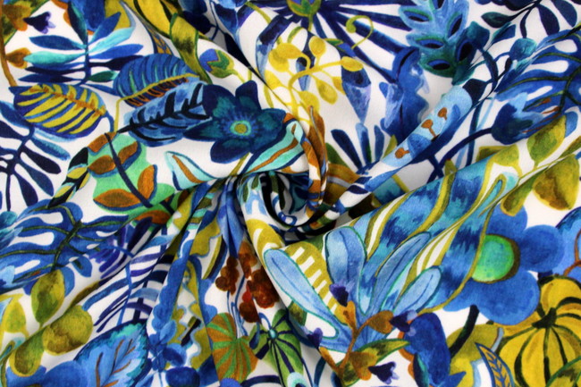 Bright Blue Floral on White Digital Printed Viscose