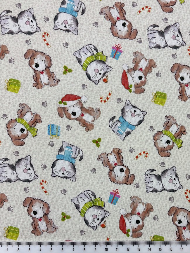 Christmas Pups & Kittens on Natural Cotton