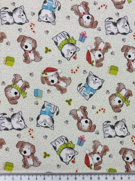 Christmas Pups & Kittens on Natural Cotton