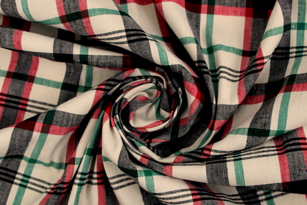 Green, Red & Black Checked Stretch Linen Blend