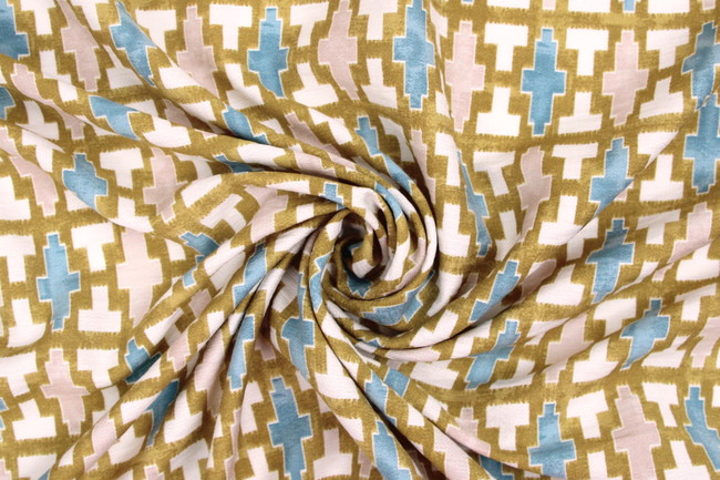Multi Geometric on Muted Mustard Cotton Crepe