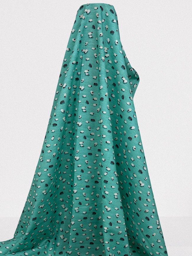 Mini Sheep on Light Teal Green Printed Cotton