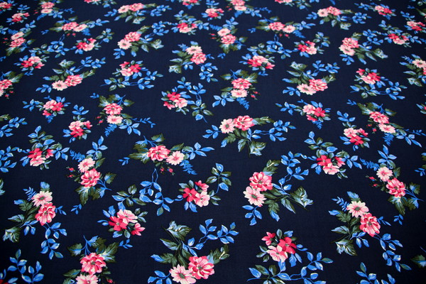 Blossoms & Roses Print on Navy Rayon New Image