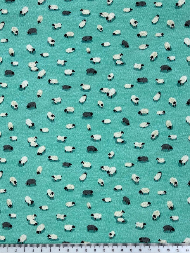 Mini Sheep on Light Teal Green Printed Cotton