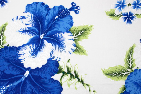 Blue Hibiscus on White Hawaiian Printed Rayon