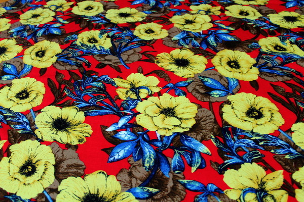 Bright Country Roses on Red Printed Rayon