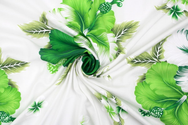 Green Tones Hibiscus on White Hawaiian Printed Rayon