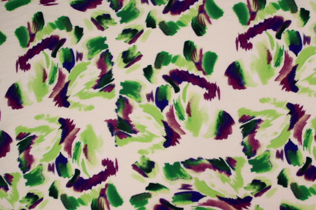 Purple & Green Toned Brush Strokes on Printed Cotton Crepe