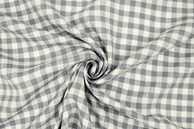 Light Blue Grey & White Checked 100% Linen