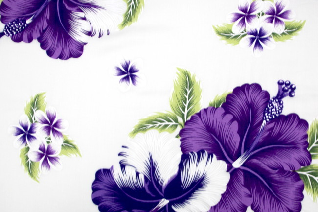 Bright Purple & Lilac Hibiscus on White Hawaiian Printed Rayon