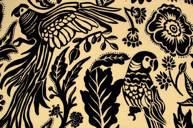 Parrots in Black on Butterscotch Digital Printed Viscose