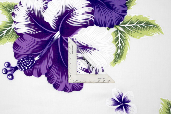 Bright Purple & Lilac Hibiscus on White Hawaiian Printed Rayon