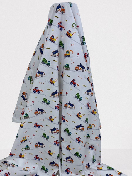 Construction Zone Heavy Mahines on White Printed Cotton