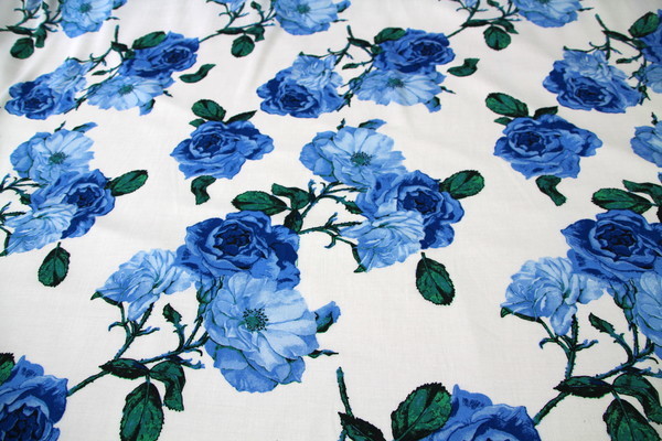 Blue Roses on White Rayon