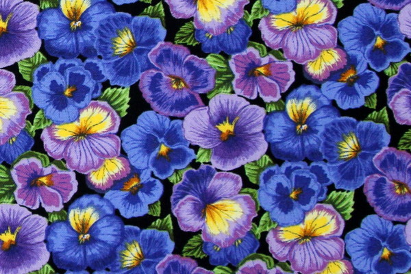 Purple Tone Pansy's on Black Premium Printed Cotton