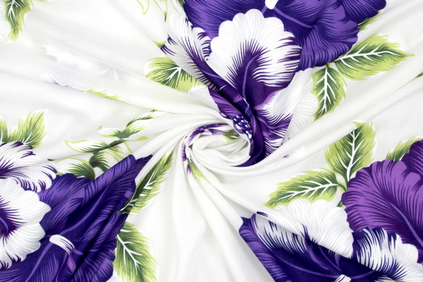 Bright Purple & Lilac Hibiscus on White Hawaiian Printed Rayon