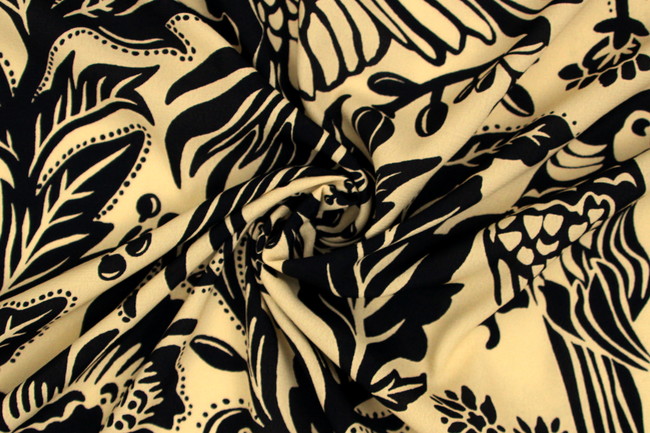 Parrots in Black on Butterscotch Digital Printed Viscose