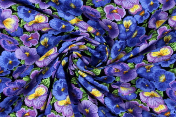 Purple Tone Pansy's on Black Premium Printed Cotton