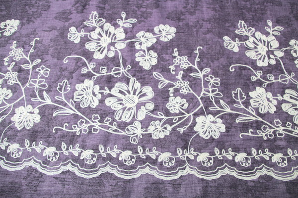 Cream Embroidery on Lavendar Printed Cotton Lawn