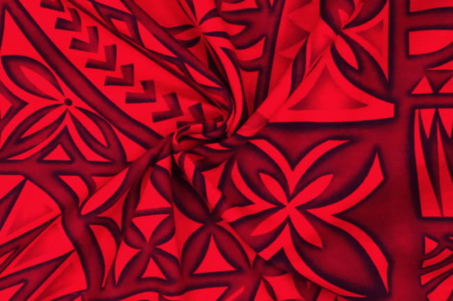 Maroon & Black on Red Pacific Island Design Cotton Dobby