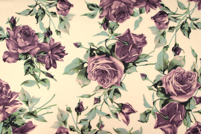 Dusky Purple Roses on Cream Printed Stretch Satin