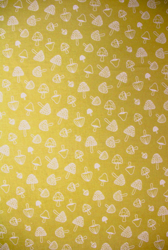 Woodland Toadstools on Mustard Yellow Printed Cotton