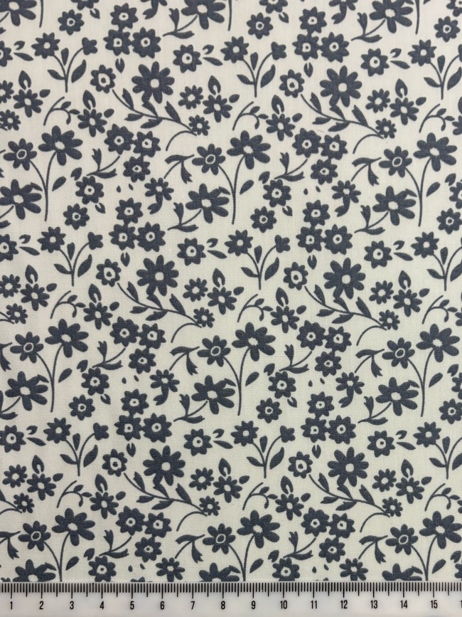 Grey Flowers on White Printed Cotton