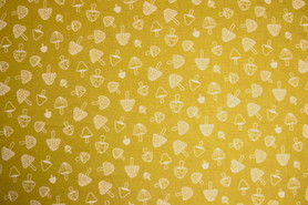 Woodland Toadstools on Mustard Yellow Printed Cotton