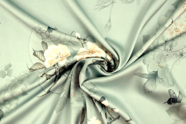 Hedgerow Blossoms on Vintage Sage Printed Stretch Satin
