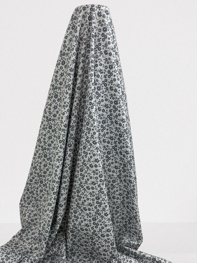 Grey Flowers on White Printed Cotton