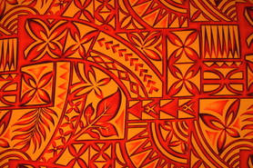 Orange Tones on Bright Mandarin Pacific Island Design Cotton Dobby