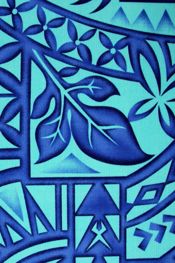 Blue Tones on Turquoise Pacific Island Design Cotton Dobby