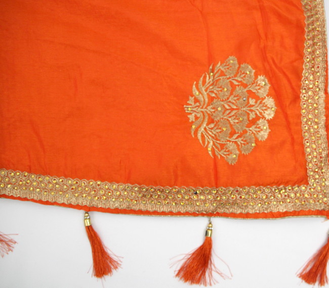 Deep Orange Embroidered Saree with Tassels