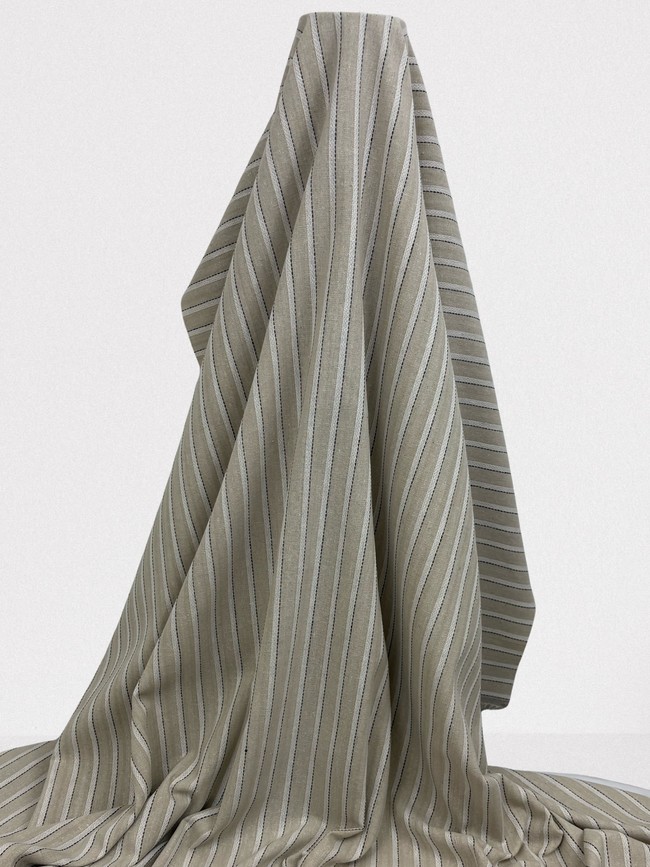 Off White & Black Stitched Stripes on Light Beige Linen Cotton Blend