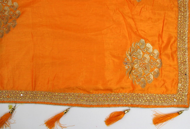 Bright Orange Embroidered Saree with Tassels