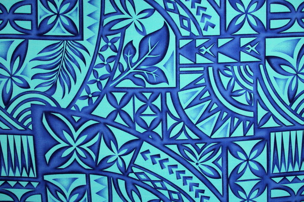 Blue Tones on Turquoise Pacific Island Design Cotton Dobby