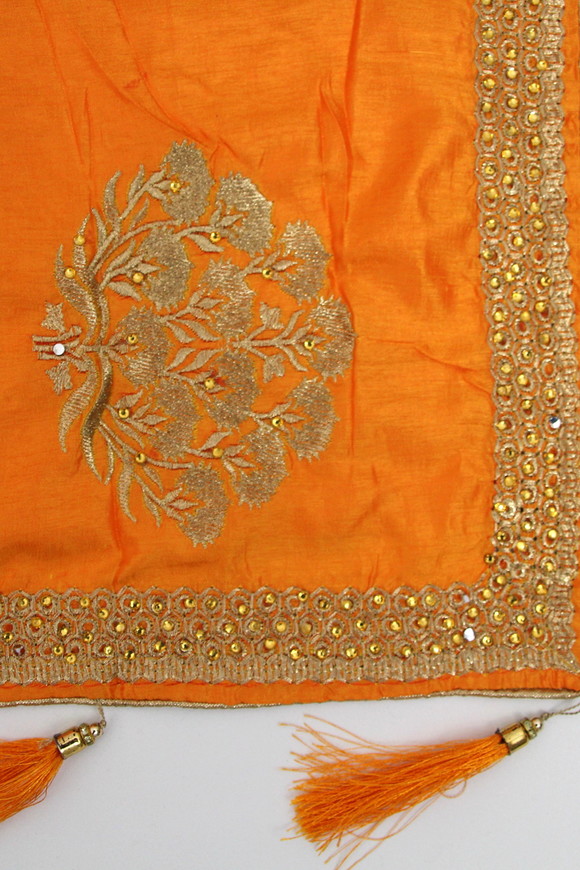 Bright Orange Embroidered Saree with Tassels