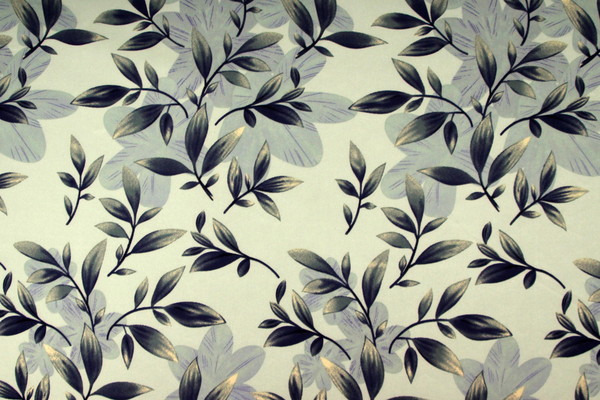 Navy & Gold Leaves on Seagreen Sage Printed Stretch Satin