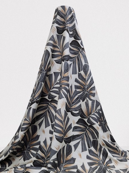 Charcoal Grey Tones Palm Leaves on Ivory Printed Bamboo Cotton Blend