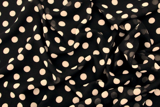 Black with Large Ivory Spots Printed Chiffon