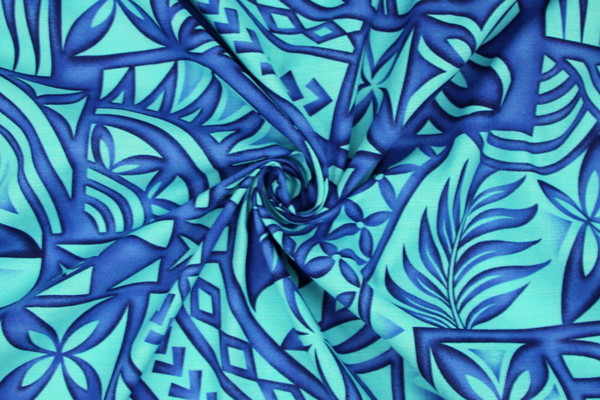 Blue Tones on Turquoise Pacific Island Design Cotton Dobby