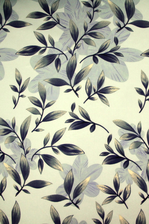 Navy & Gold Leaves on Seagreen Sage Printed Stretch Satin