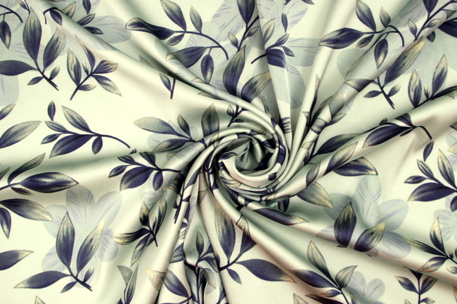 Navy & Gold Leaves on Seagreen Sage Printed Stretch Satin