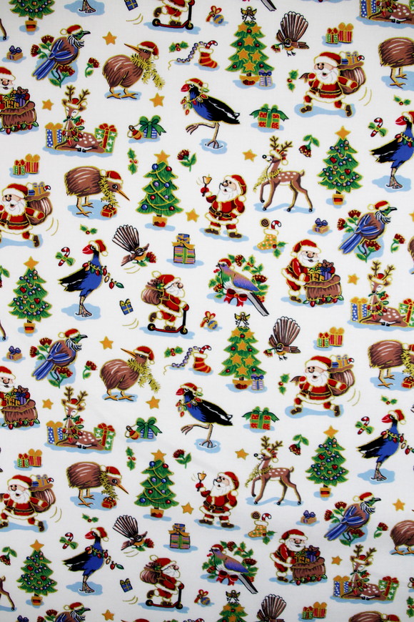 A Kiwi Christmas on White Premium Printed Cotton