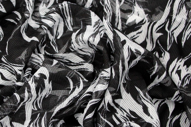 Black & White Flame Self Striped Printed Chiffon