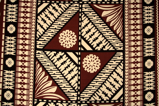 Deep Rust & Black Tapa Design on Natural Cotton Dobby