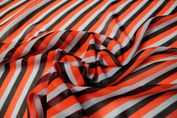 Flame, Grey & Black Diagonal Striped Chiffon