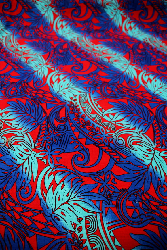 Royal & Aqua on Red Variegated Island Palms Cotton Dobby